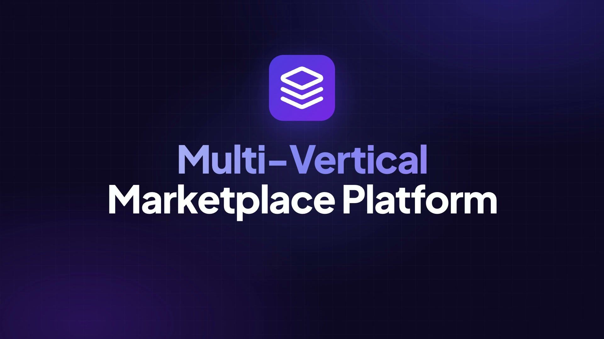 Opening frame of the SuperApp tour: the SuperApp layers icon above the headline “Multi-Vertical Marketplace Platform” on a dark indigo background.