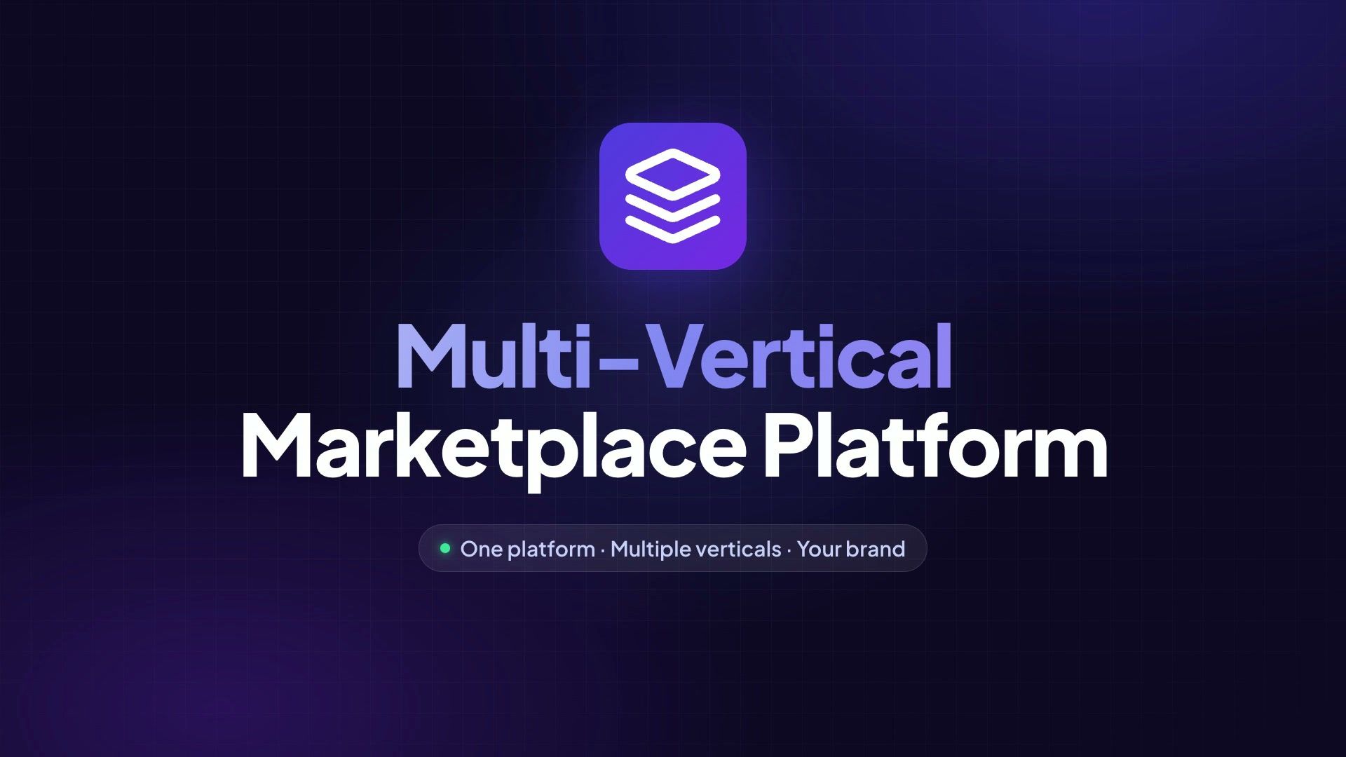 Opening frame of the SuperApp product tour: the SuperApp layers icon above the headline “Multi-Vertical Marketplace Platform” and the line “One platform · Multiple verticals · Your brand”, on a dark indigo background.